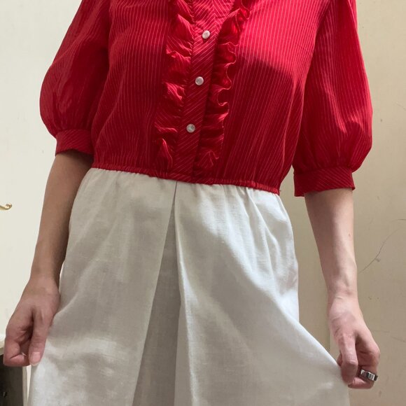 Vintage Cheekaberry Red & White Pinstripe Midi Dress | Ruffle Trim | M/L - Picture 4 of 6
